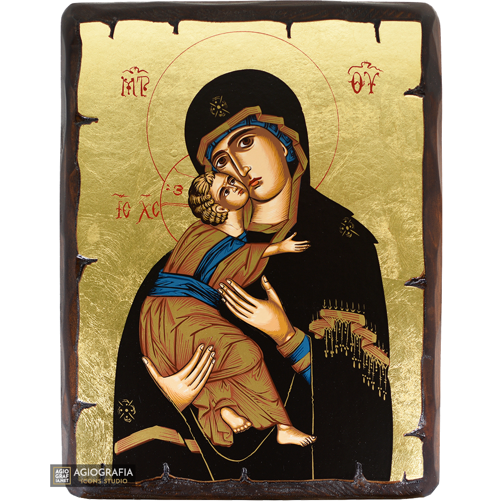 Virgin Mary of Vladimir Greek Orthodox Wood Icon with Gold Leaf