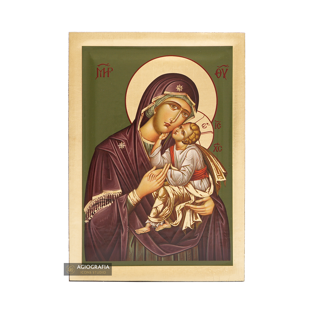 Virgin Mary (Green Background) Christian Icon with Matte Gold Leaves