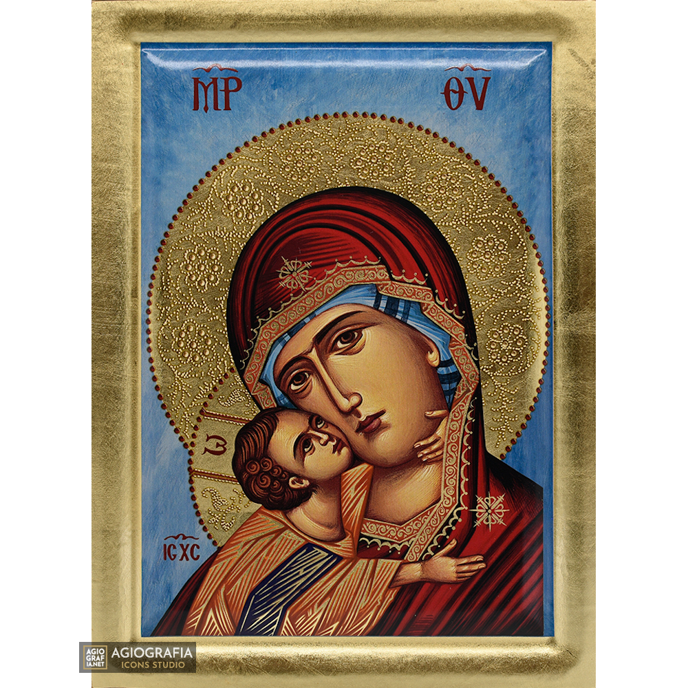 Virgin Mary of Vladimir Byzantine Orthodox Wood Icon with Gold Leaf