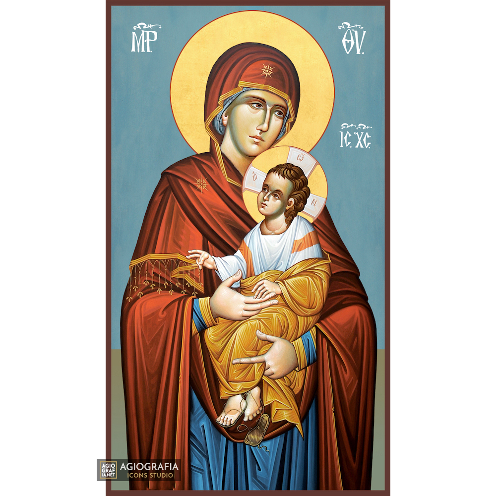 Virgin Mary Holding Infant Christ Greek Icon with Blue Background