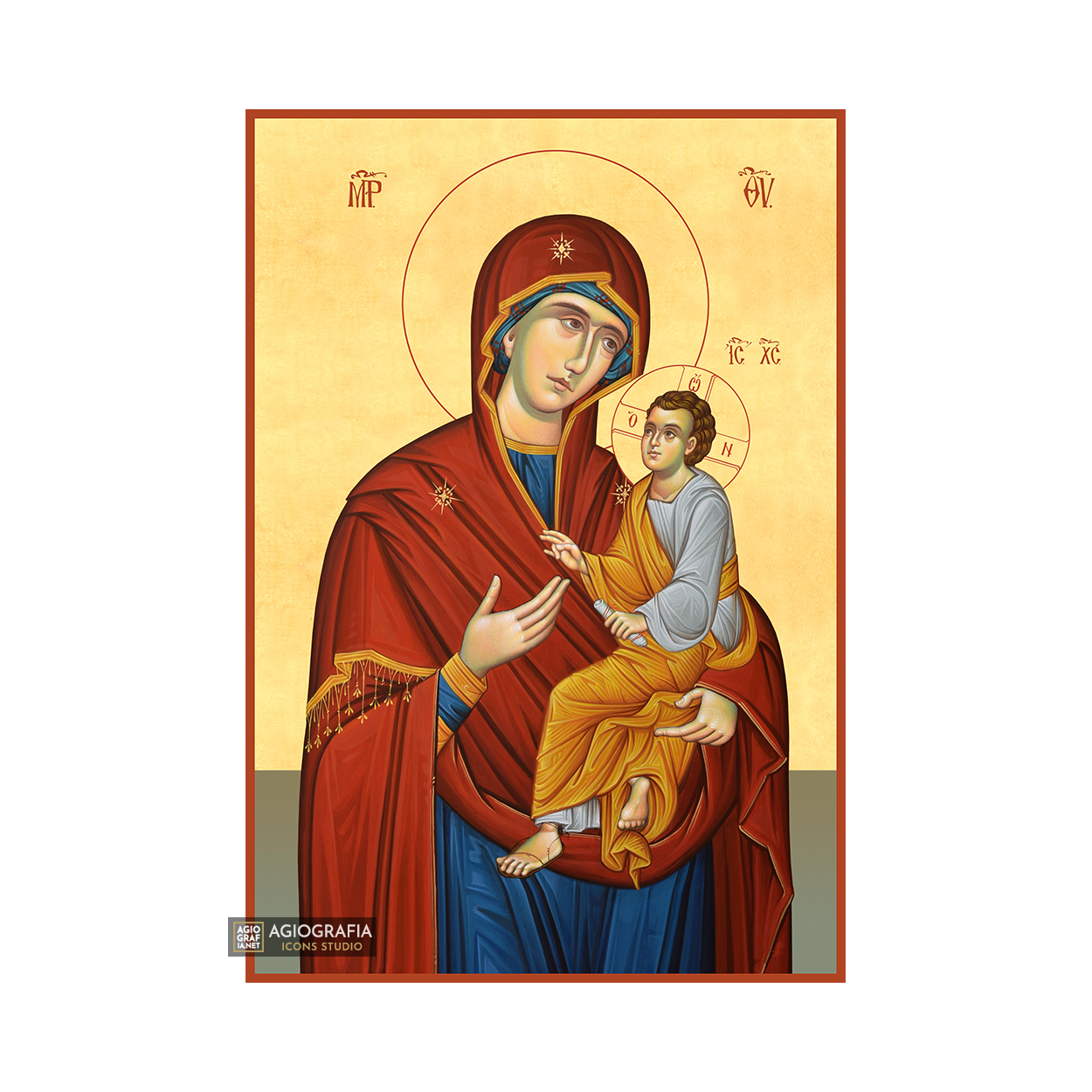 22k Virgin Mary holding Jesus Christian Wood Icon with Gold Leaf