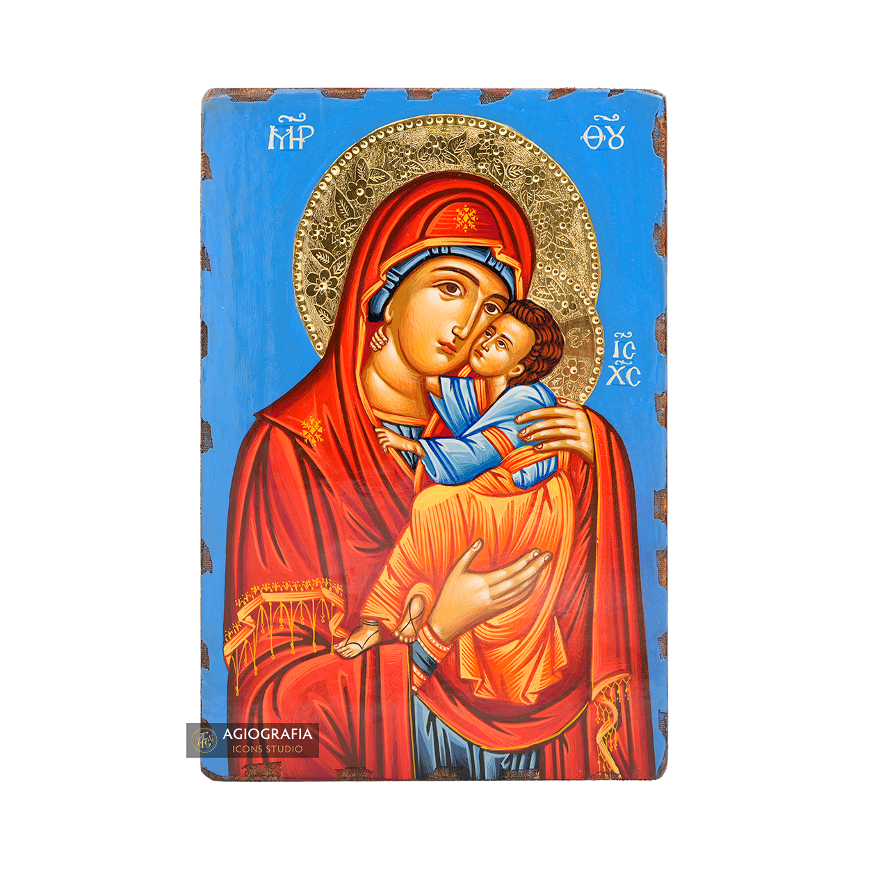 Virgin Mary holding Jesus Christ Handwritten Icon with 24k Polished Engraved Halo