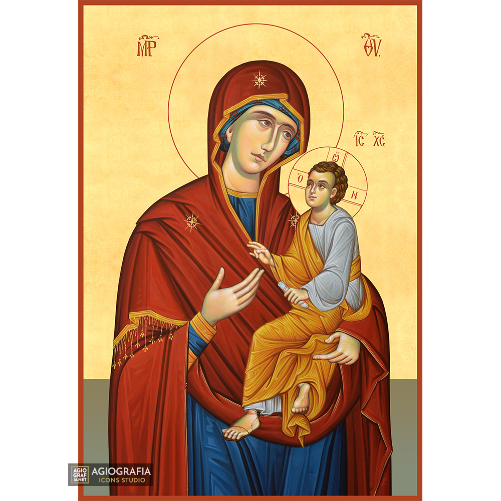 22k Virgin Mary holding Jesus Christian Wood Icon with Gold Leaf