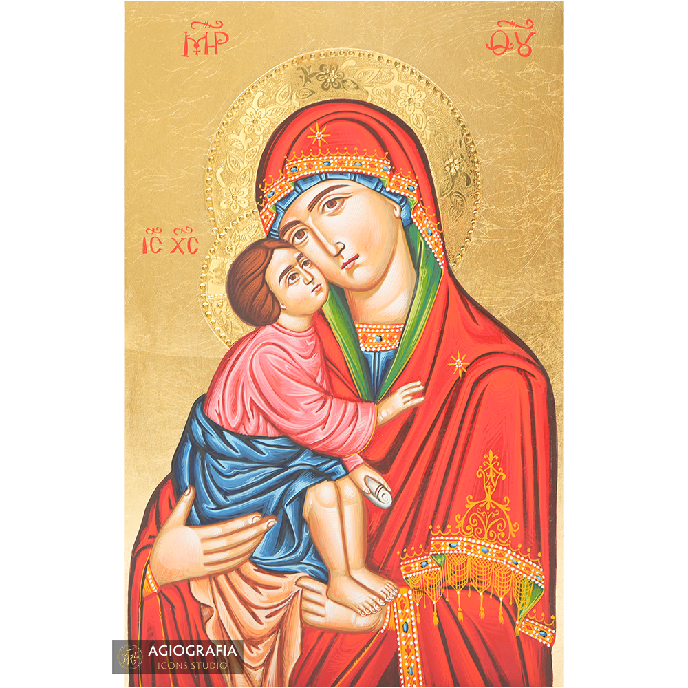 Virgin Mary holding Jesus Christ Handwritten Icon with Gold Leaves and 24k Polished Engraved Halo