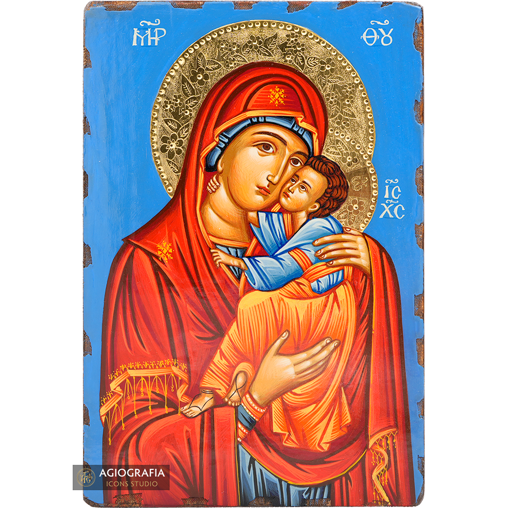 Virgin Mary holding Jesus Christ Handwritten Icon with 24k Polished Engraved Halo