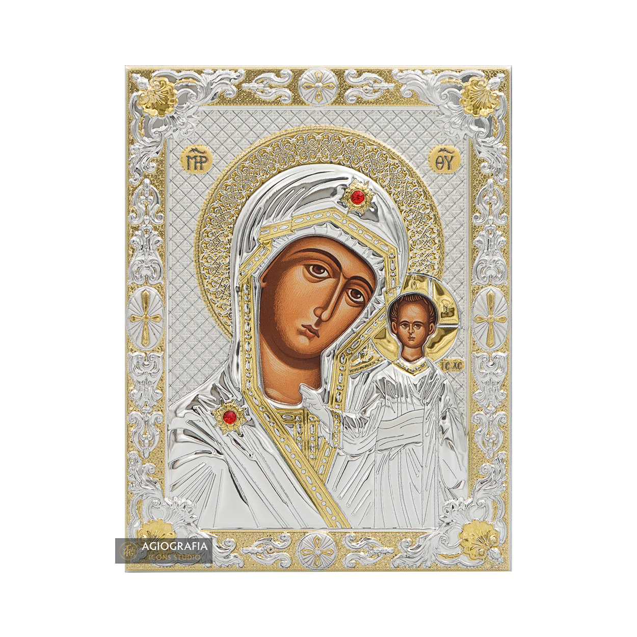Virgin Mary of Kazan Silver Gold Plated Christian Icon on Wood