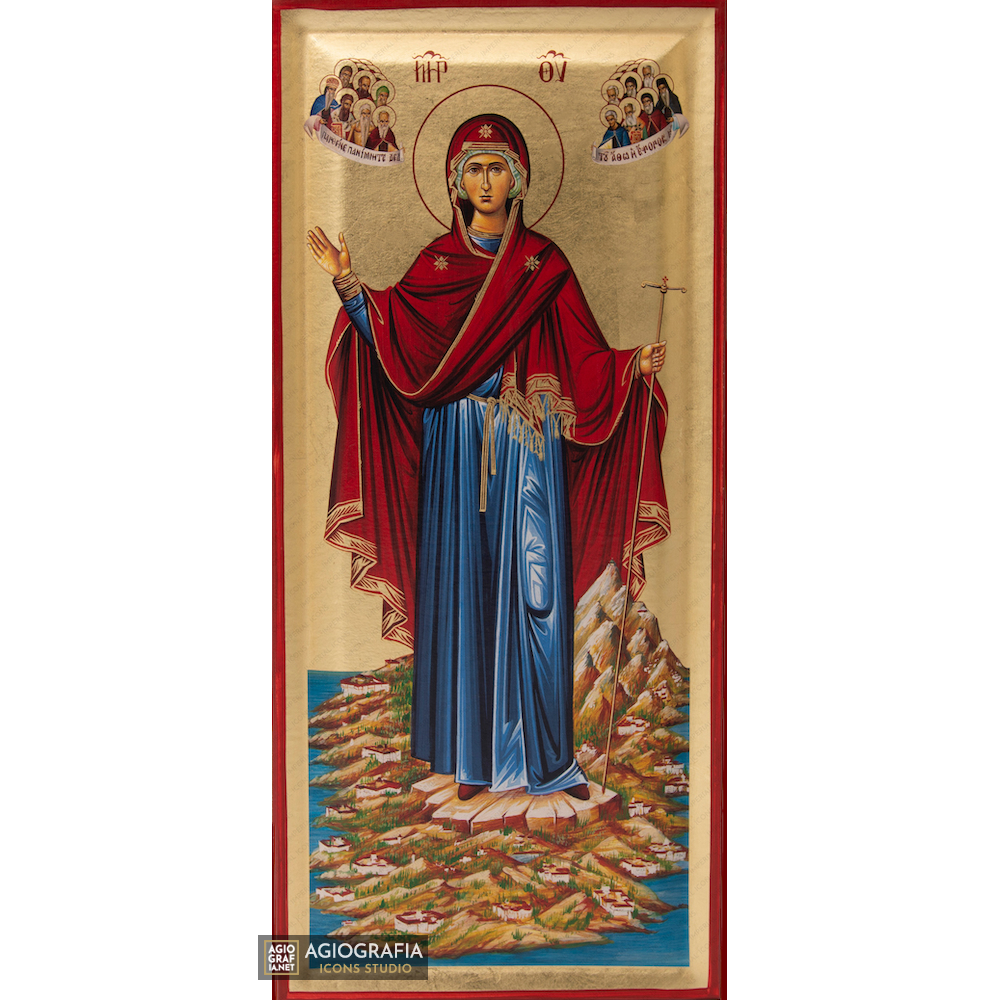 Virgin Mary of Mount Athos Greek Orthodox Wood Icon with Gold Leaf