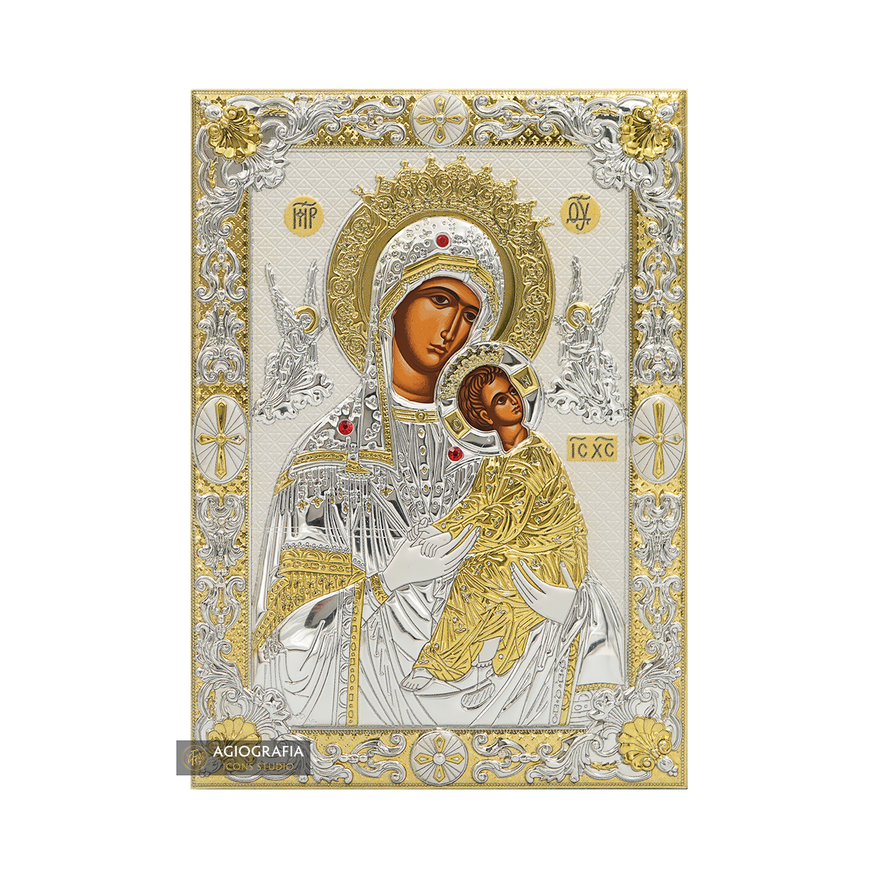 Virgin Mary of Passion (Amolintos) Silver Gold Plated Icon on Wood