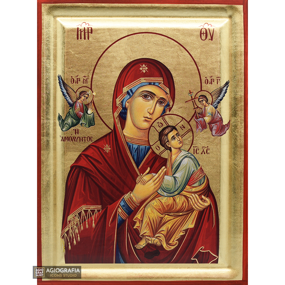 Virgin Mary of Passion (Amolintos) Greek Orthodox Icon with Gold Leaf