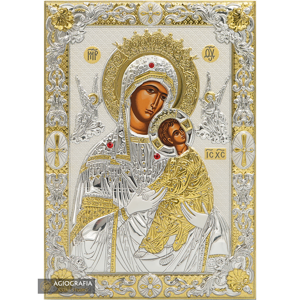 Virgin Mary of Passion (Amolintos) Silver Gold Plated Icon on Wood