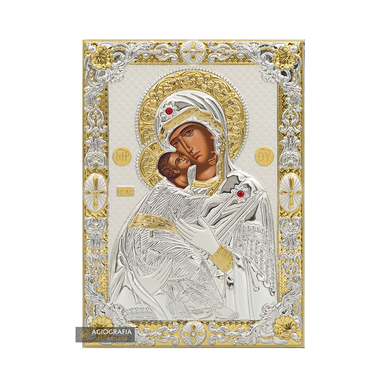 Virgin Mary of Vladimir Silver Gold Plated Christian Icon on Wood