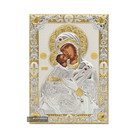 Virgin Mary of Vladimir Silver Gold Plated Christian Icon on Wood