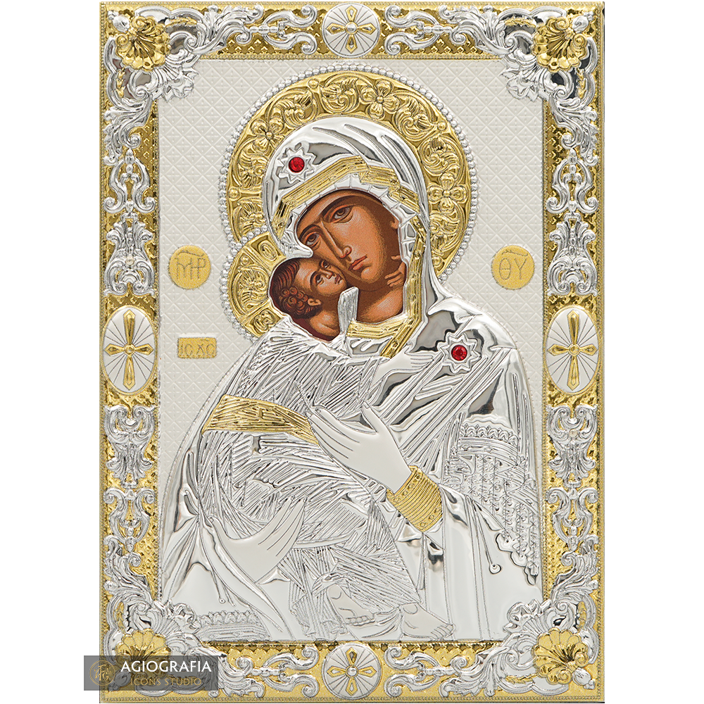 Virgin Mary of Vladimir Silver Gold Plated Christian Icon on Wood
