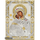 Virgin Mary of Vladimir Silver Gold Plated Christian Icon on Wood