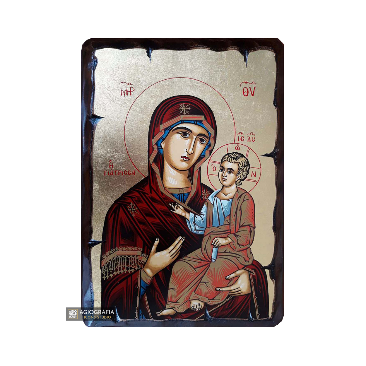 Virgin Mary the Healer Eastern Christian Icon on Wood with Gold Leaf