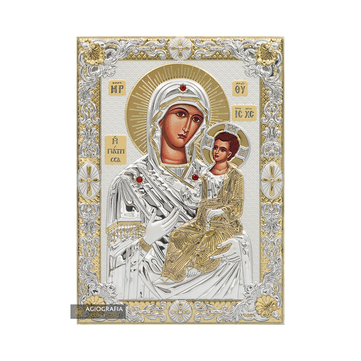 Virgin Mary the Healer (Giatrissa) Silver Gold Plated Icon on Wood