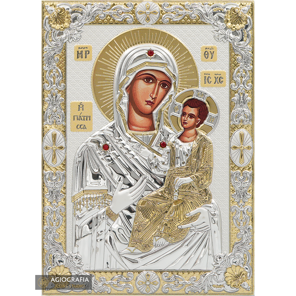 Virgin Mary the Healer (Giatrissa) Silver Gold Plated Icon on Wood