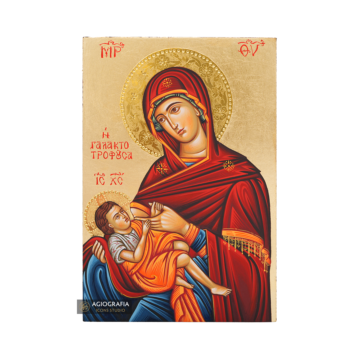 Virgin Mary MilkGiver Handwritten Icon with 24k Polished Engraved Halo