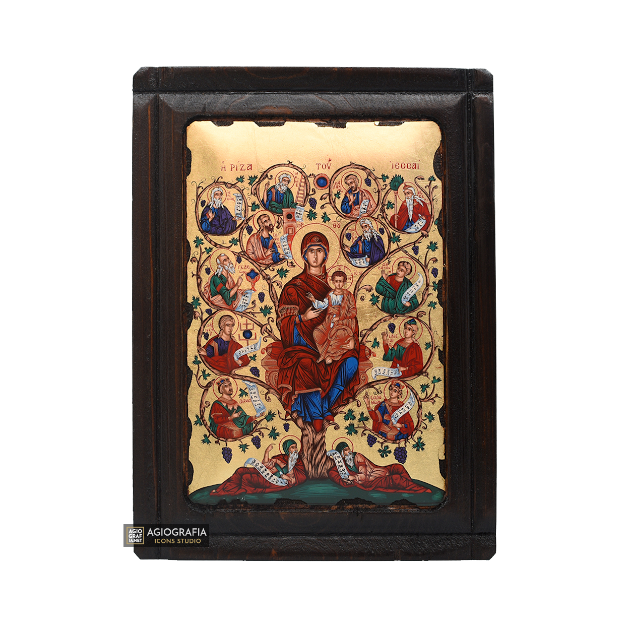 Virgin Mary Tree of Jesse Greek Orthodox Wood Icon with Gold Leaf