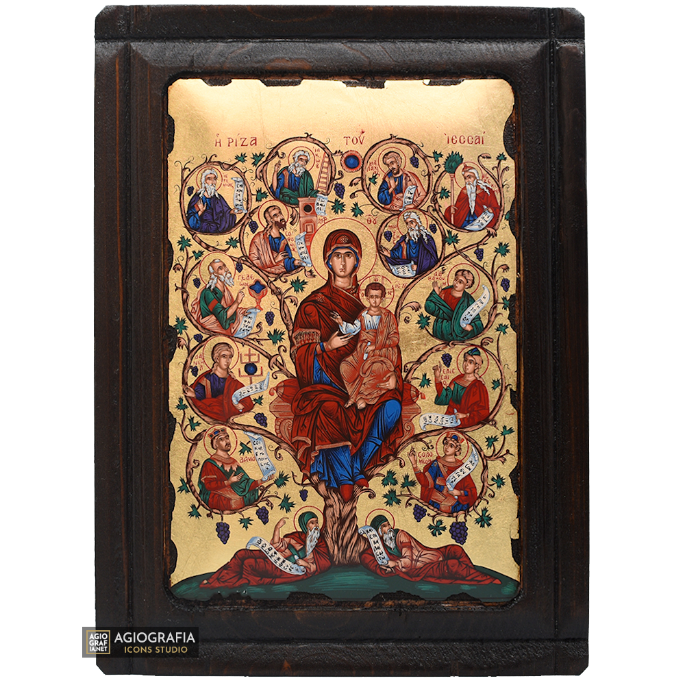 Virgin Mary Tree of Jesse Greek Orthodox Wood Icon with Gold Leaf