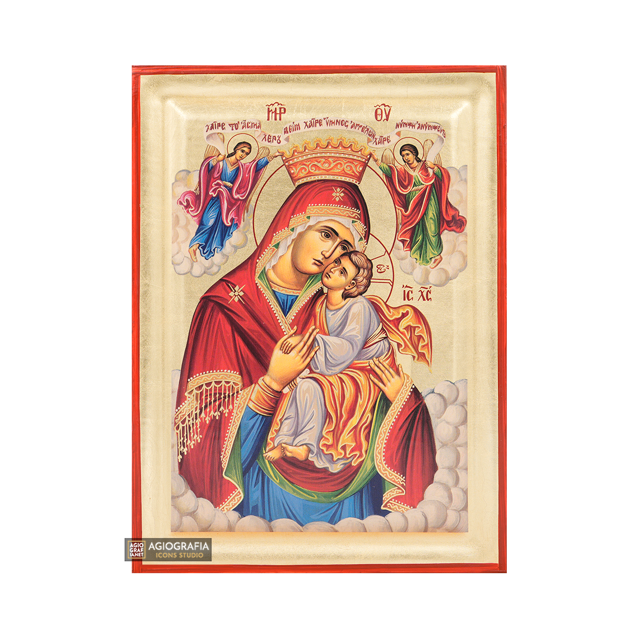 Virgin Mary with Archangels Orthodox Icon with Gold Leaves