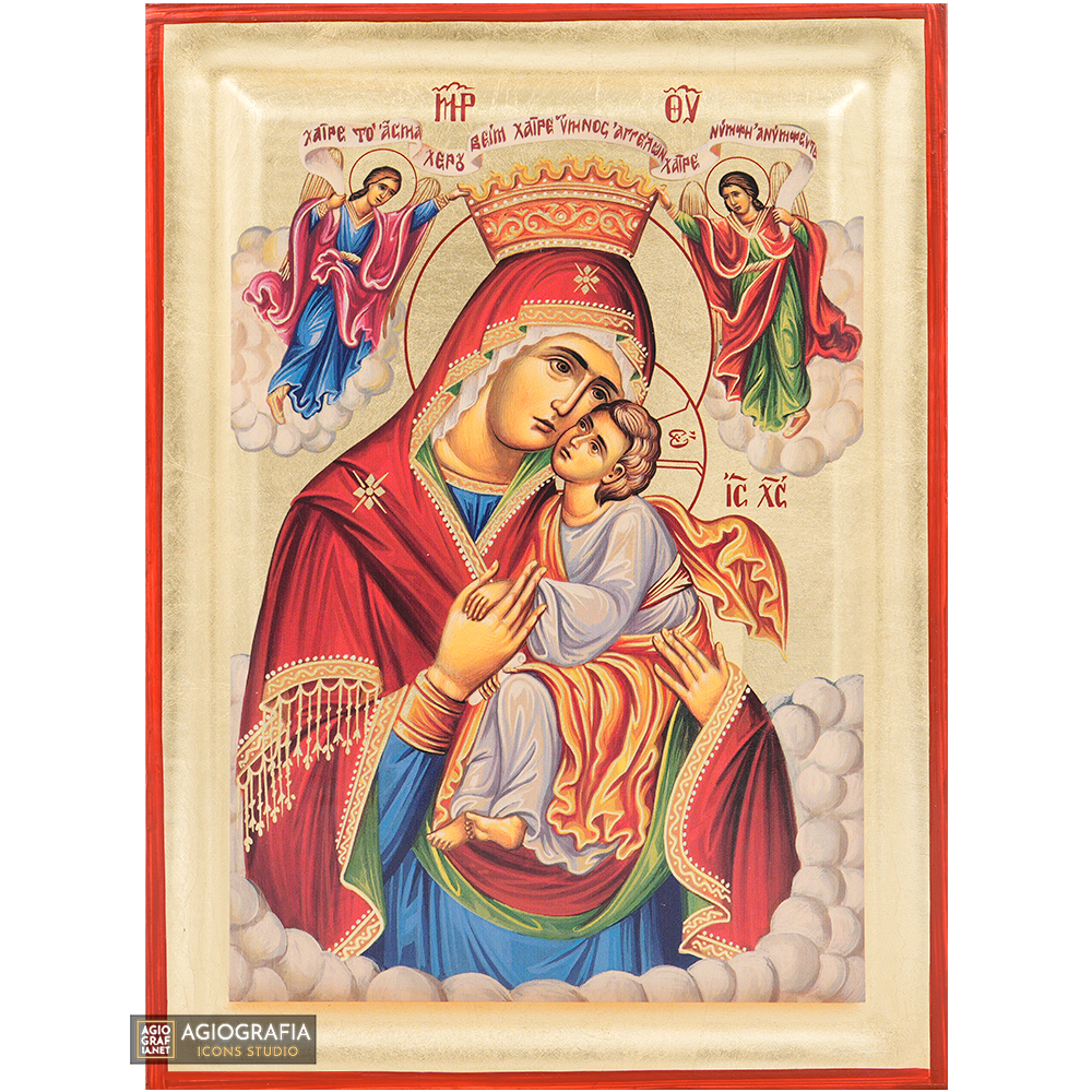 Virgin Mary with Archangels Orthodox Icon with Gold Leaves