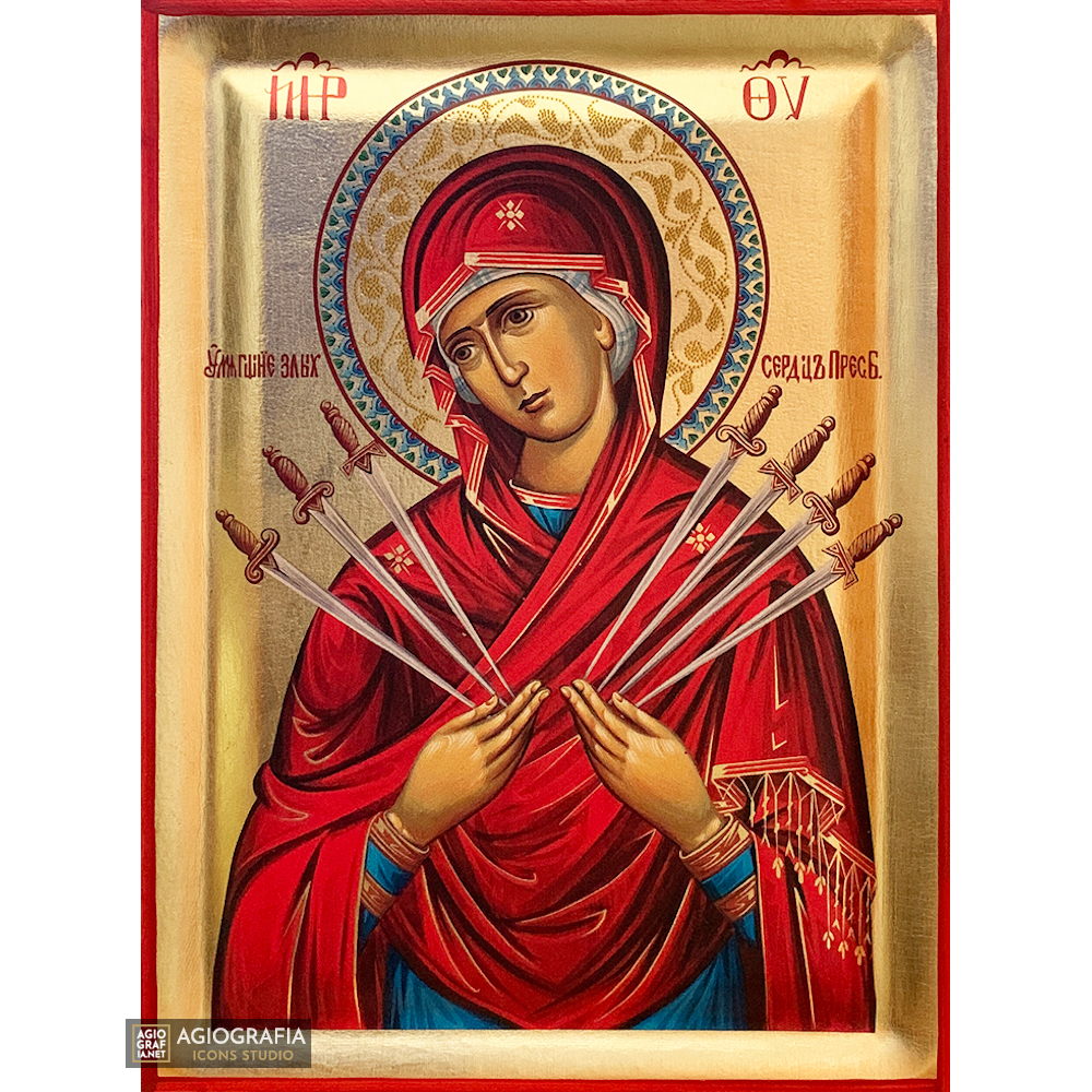Virgin Mary with Seven Swords Greek Orthodox Icon with Gold Leaf