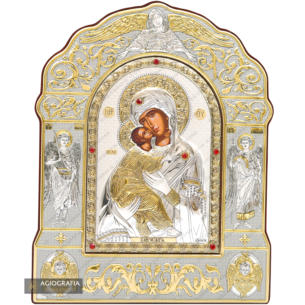 Virgin Mary of Vladimir Silver Gold Plated Orthodox Icon on Wood ...
