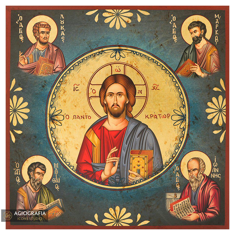 Jesus Christ The Almighty Orthodox Icon on Wood with Matte Gold Leaves Gold Leaf background