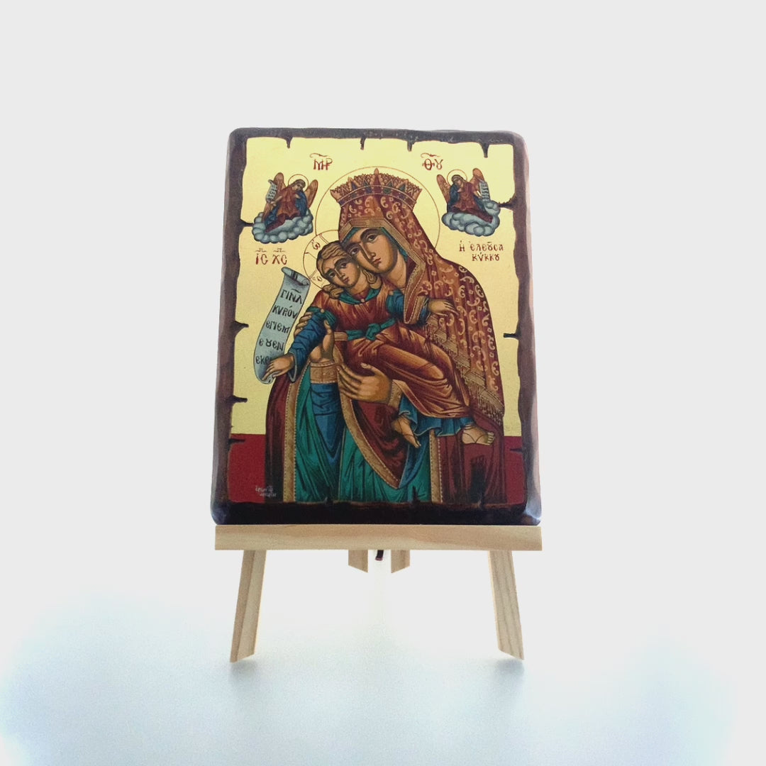 Virgin Mary of Kykkou Greek Orthodox Wood Icon with Gold Leaf