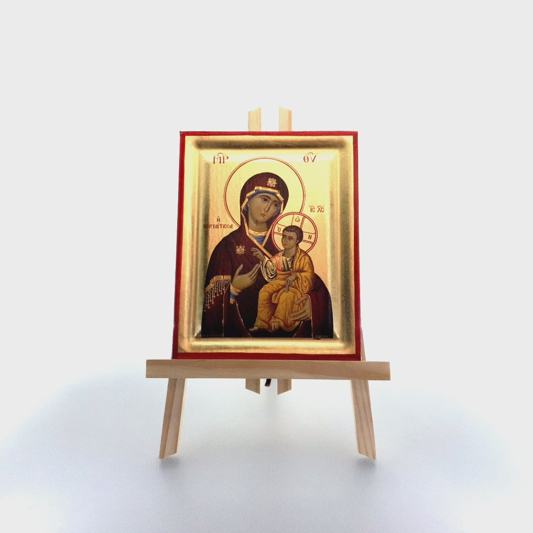 Virgin Mary Portaitissa Mount Athos Wood Icon with Gold Leaf