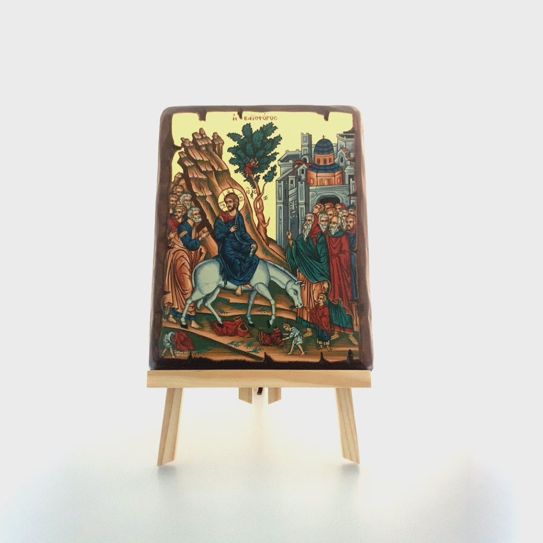 Palm Sunday Greek Orthodox Icon on Wood with Gold Leaf