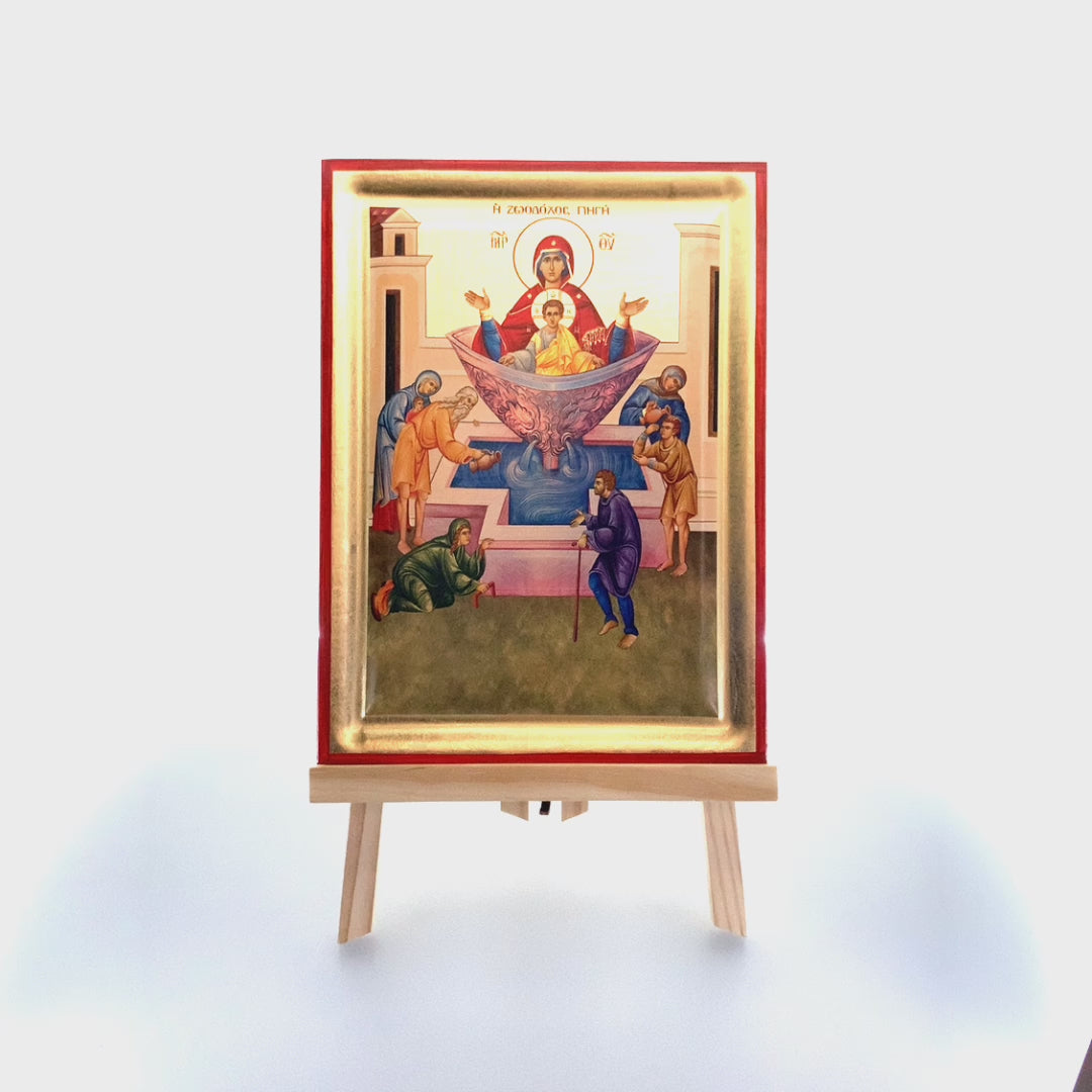 Virgin Mary the Fountain of Life Greek Orthodox Wood Icon with Gold Leaf