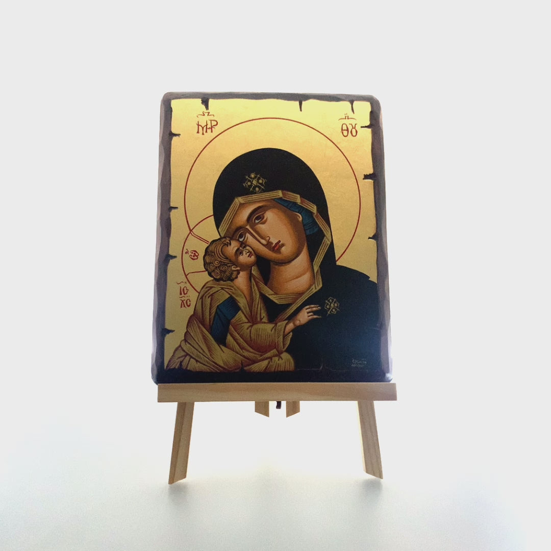Virgin Mary of Great Grace Greek Orthodox Wood Icon with Gold Leaf