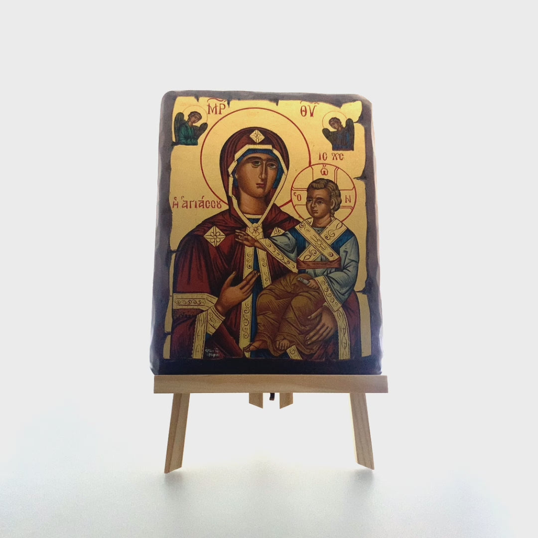 Virgin Mary of Agiassou Greek Orthodox Wood Icon with Gold Leaf