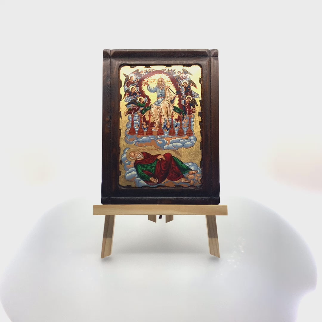 Apostle John Vision with 7 candlesticks Christian Icon with Gold Leaf