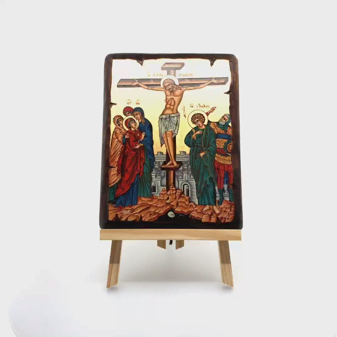 Crucifixion of the Lord Christian Orthodox Icon on Wood with Gold Leaf