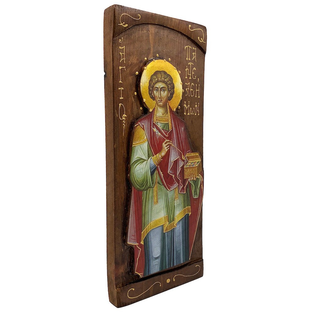 St Panteleimon - Wood curved Byzantine Christian Orthodox Icon on Natural solid Wood