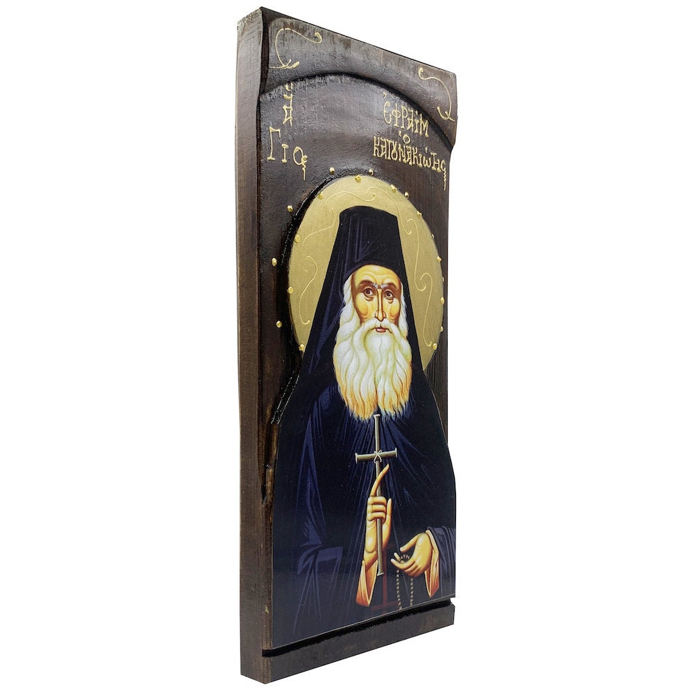 St Efrem Katounakiotis - Wood curved Byzantine Christian Orthodox Icon on Natural solid Wood