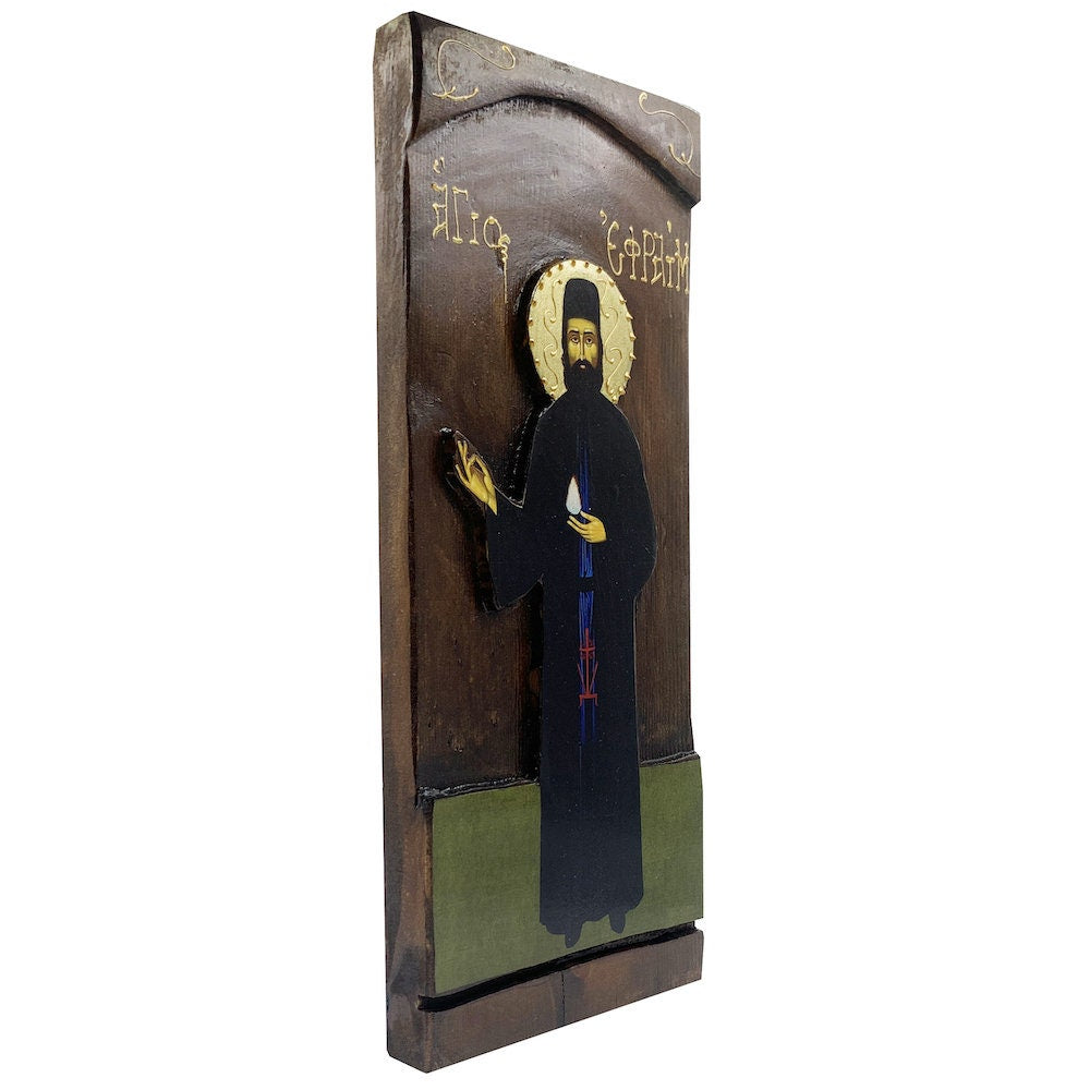 St Efrem of Nea Makri - Wood curved Byzantine Christian Orthodox Icon on Natural solid Wood