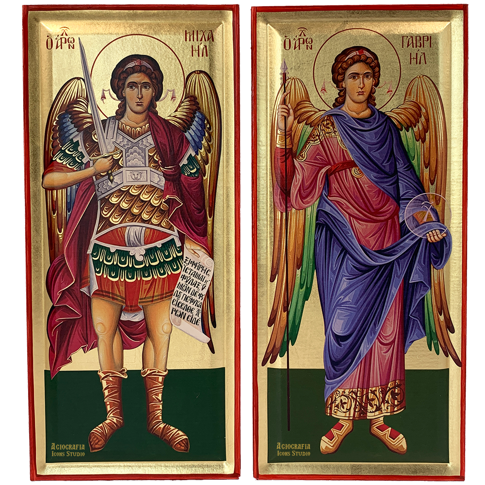 Set of Archangels Michael and Gabriel Christian Byzantine Wood Icon with Gold Leaf
