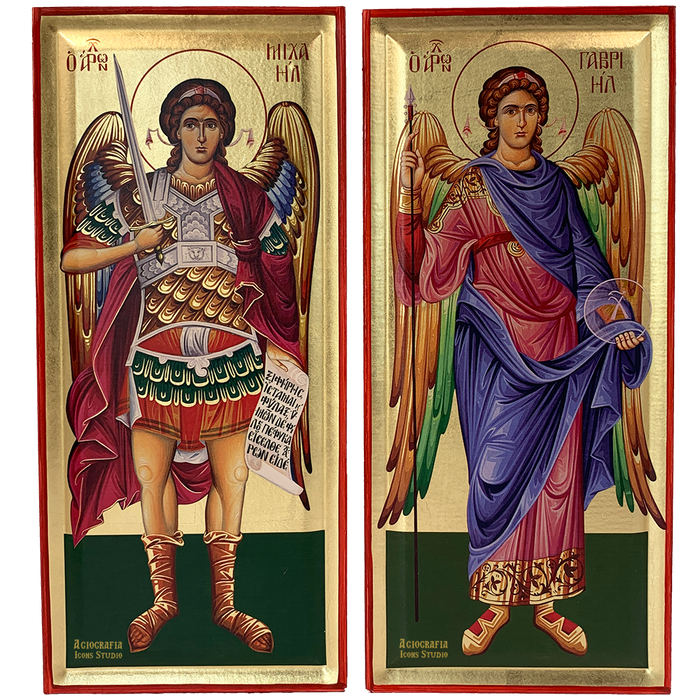 Set Erzengel Michael und Gabriel, christlich-byzantinische Holzikone mit Blattgold