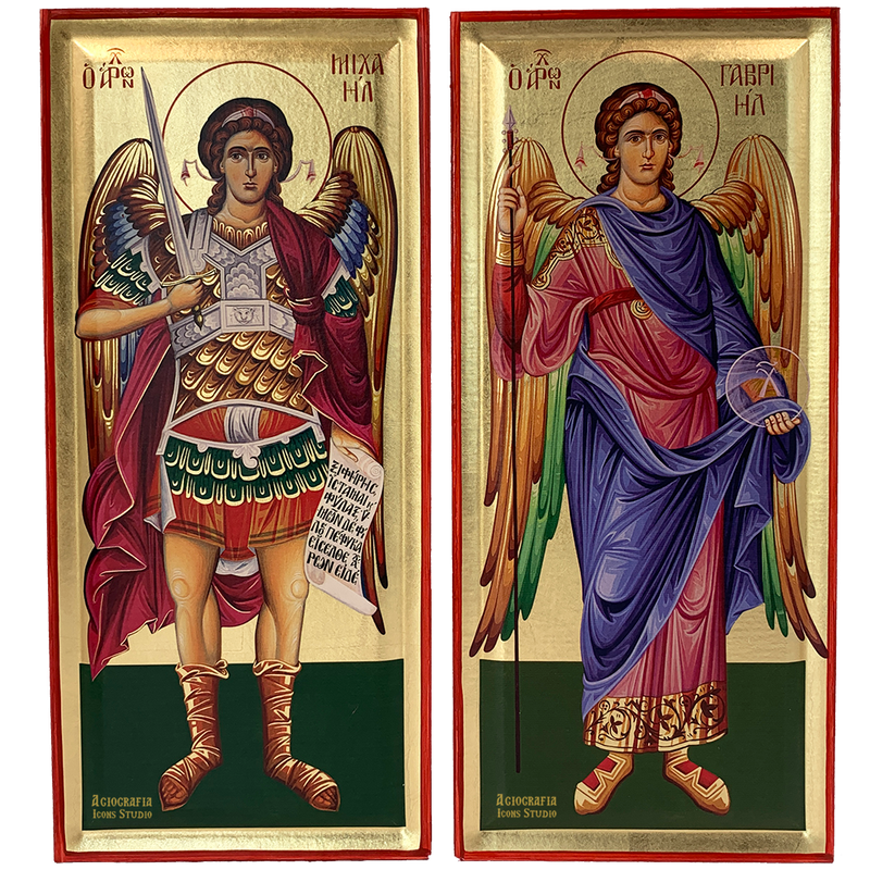 Set of Archangels Michael and Gabriel Christian Byzantine Wood Icon with Gold Leaf
