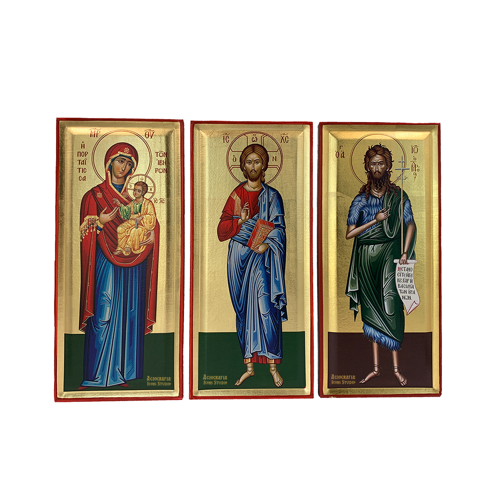 Set of Jesus Christ, Virgin Mary and Saint John Orthodox Greek Wood Icon with Gold Leaf
