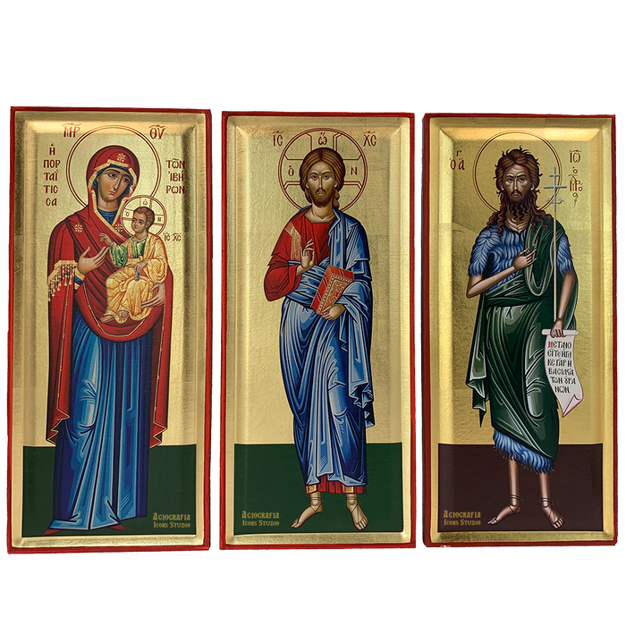 Set Jesus Christus, Gottesmutter und Heiliger Johannes, christlich-byzantinische Holzikone mit Blattgold