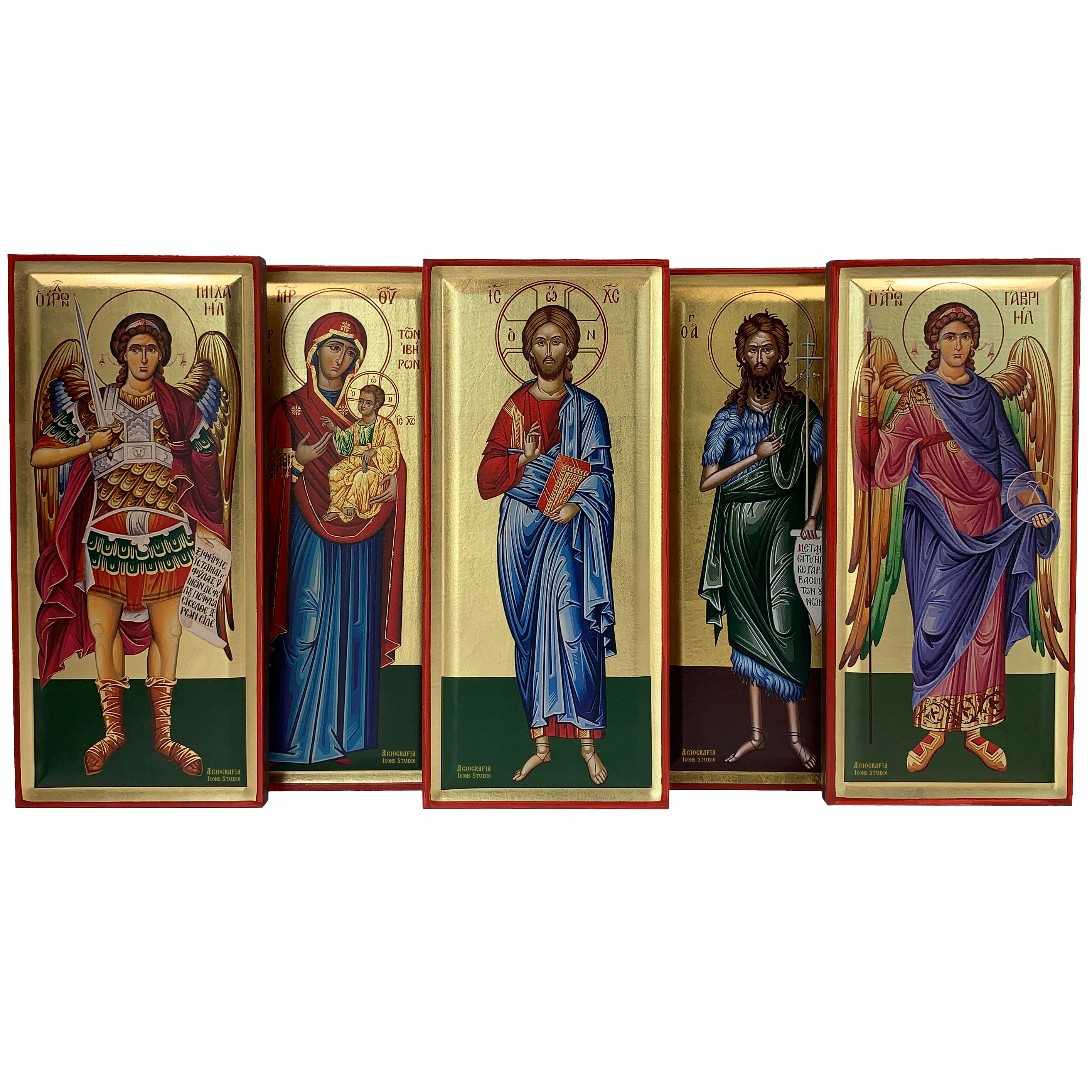 Set of Jesus Christ, Virgin Mary, Saint John, Archangels Michael and Gabriel Orthodox Greek Wood Icon with Gold Leaf
