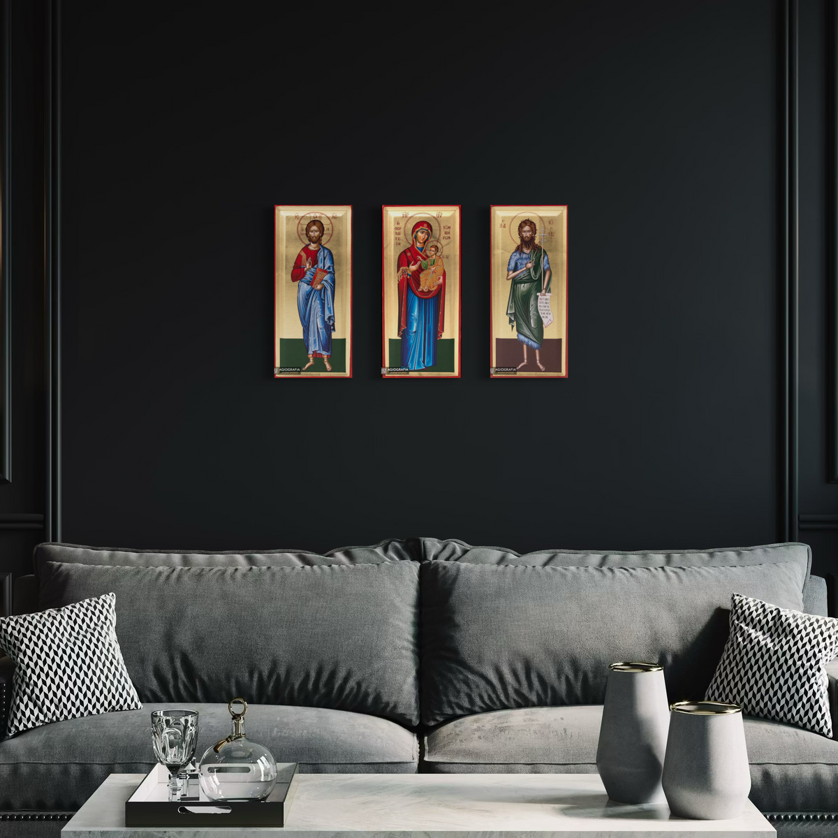 Set of Jesus Christ, Virgin Mary and Saint John Icons with Gold Leaf