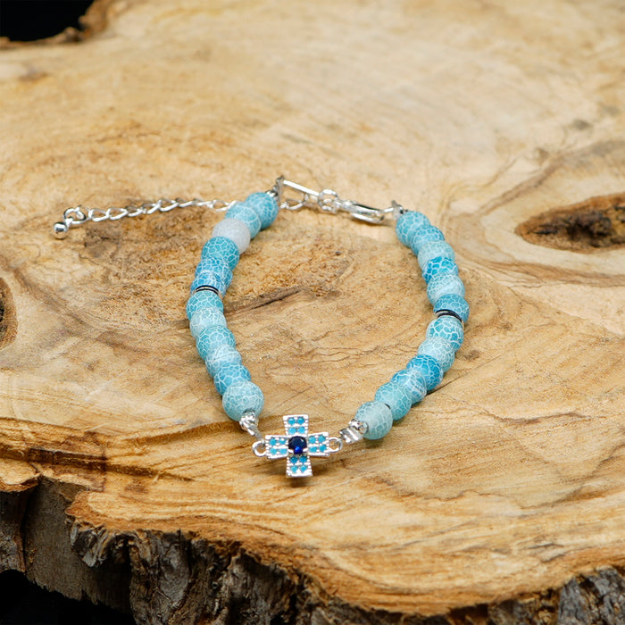 Christliches Damenarmband aus Achat (Kornblumenblau), Sterlingsilber