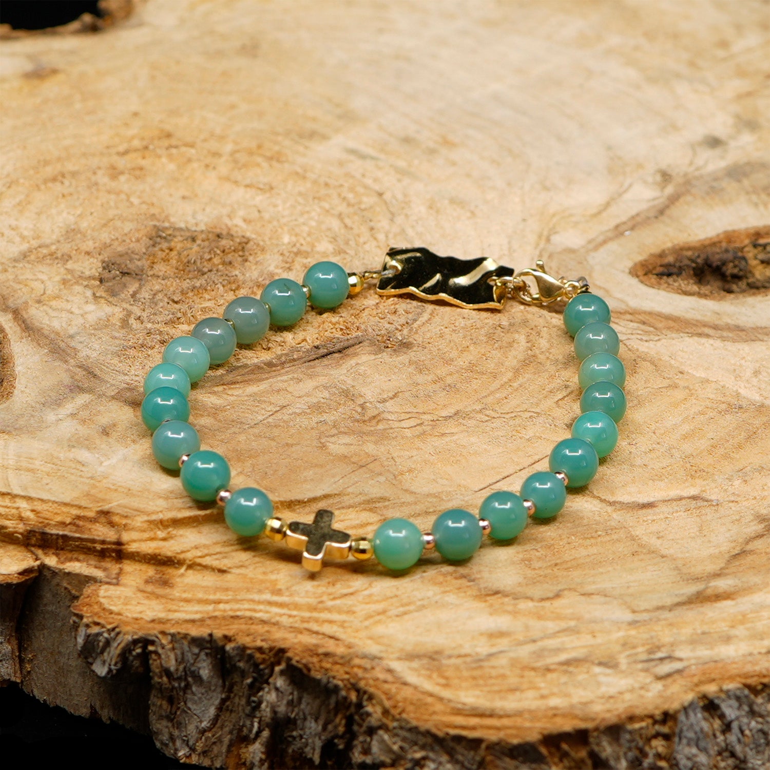 Agate [Green Onyx] 24k Gold Plated Christian Woman Bracelet