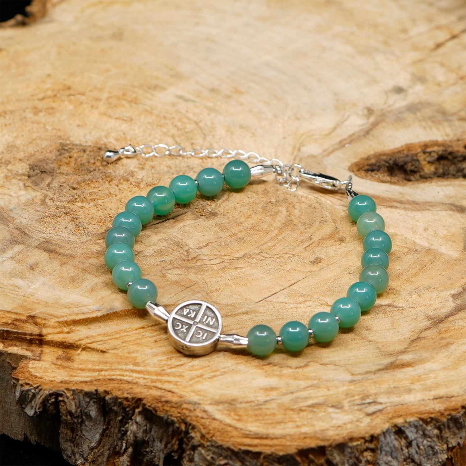 Agate [Green Onyx] Sterling Silver Christian Woman Bracelet